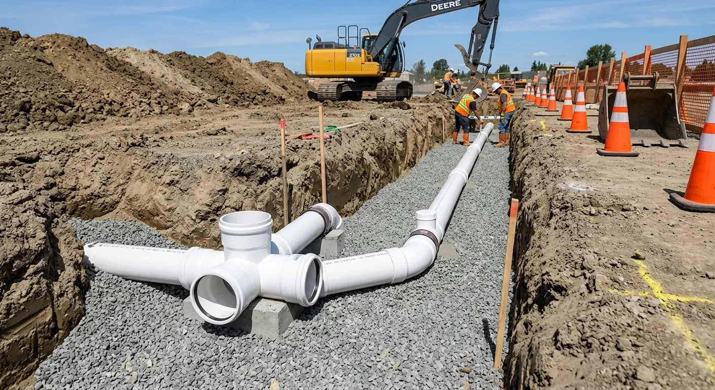New PVC sewer pipe installation in open trench for Sewer Backup in Hampden