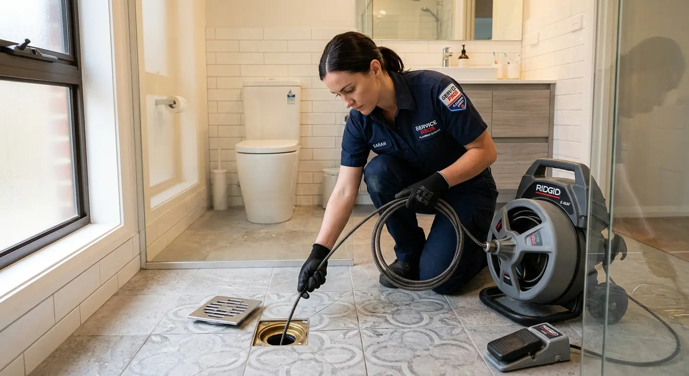 Technician clearing a bathroom floor drain for Clogged Drain Repair in Hampden